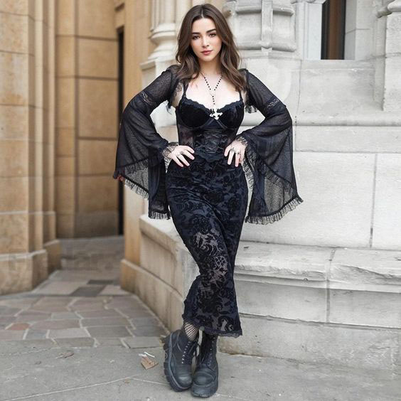 Gothic Black Lace Dress with Dramatic Sleeves